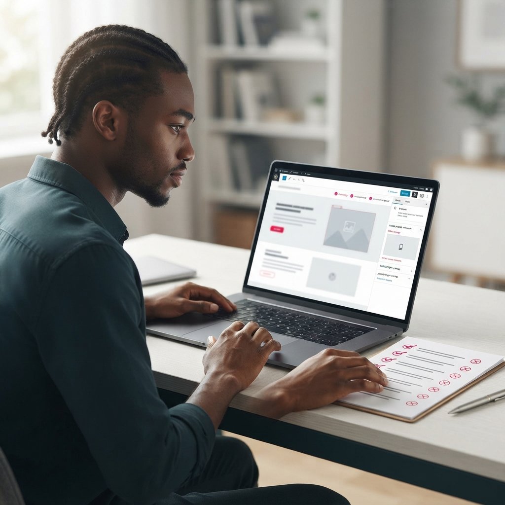 Développeur WordPress examinant une checklist d’erreurs à éviter.